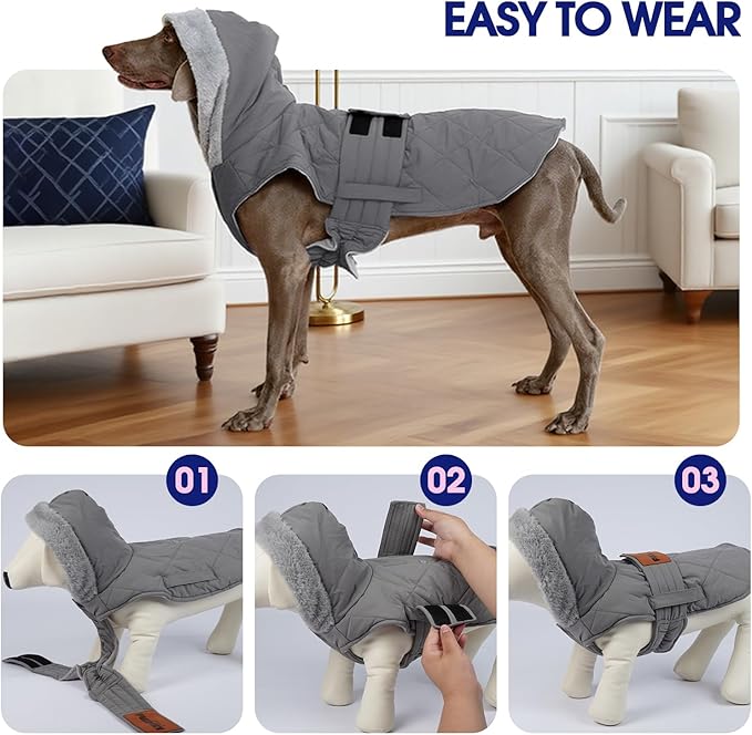 FUAMEY Thermal Dog Coat Medium, Warm Hooded Dogs Jacket Misty Walks, Waterproof Sleeveless Puppy Vest Snow Suit with Harness Hole, Adjustable Cold Weather Pup Outfits (Gray, M)