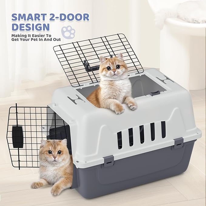 Magshion 22 Inch Hard-Sided Plastic Dog Carrier, 2-Door Top-Loading Kennel for Small Dogs and Cats Longer Traveling, Durable Handle, and 4 Sides Ventilation for Pet Up 22 lbs (White+Grey)