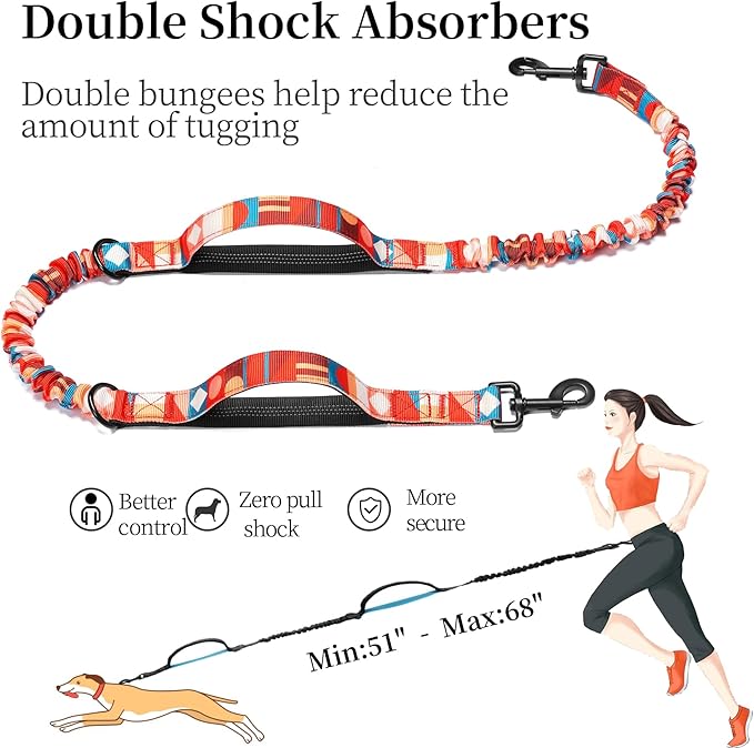 iYoShop Hands Free Dog Leash with Zipper Pouch, Dual Padded Handles and Durable Bungee for Walking, Jogging and Running Your Dog (Colorful Geometric, Large)