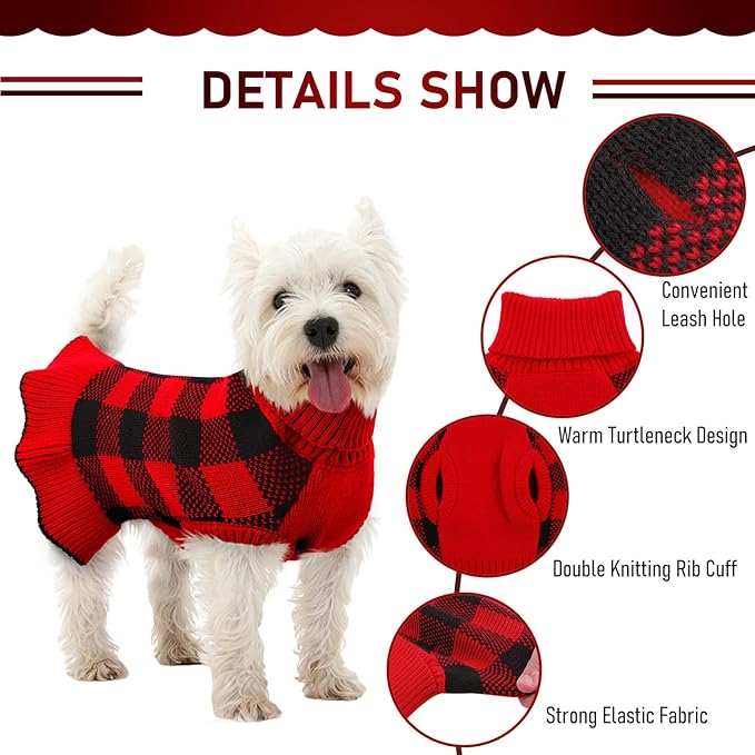 Dog Sweater Dress Plaid Knitwear for Small Medium Dogs Warm Puppy Pet Turtleneck Stretch Pullover Cute Fall Winter Vest Clothes with Leash Hole for Christmas (Red, M)