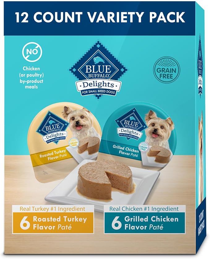Blue Buffalo Delights Small Breed Natural Wet Dog Food Variety Pack, Roasted Turkey Paté and Grilled Chicken Paté, 3.5-oz Cups, 12 Count