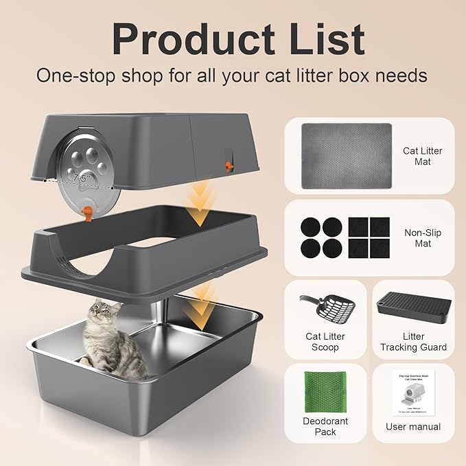 Stainless Steel Litter Box with Lid XL Extra Large Litter Box Enclosed Top Entry Metal Litterbox for Big Cats Easy Cleaning Anti-Leakage & High Sided with Mat Aisle & Scoop, Dark Grey