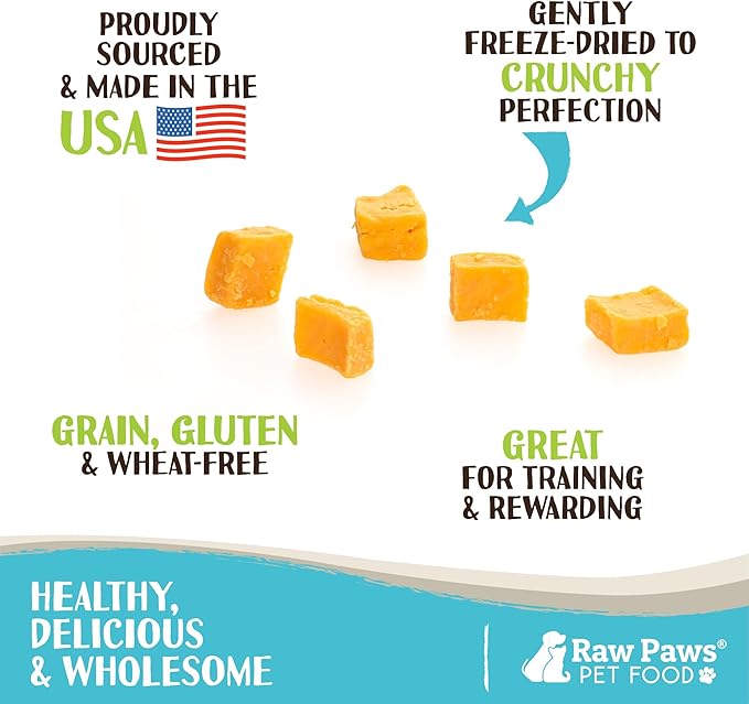 Raw Paws Freeze Dried Cheddar Cheese Treats for Dogs, 3-oz - Crunchy Dog Puffs Made in USA, Natural Dried Wisconsin Cheddar Bites - 100% Real Cheese Treats