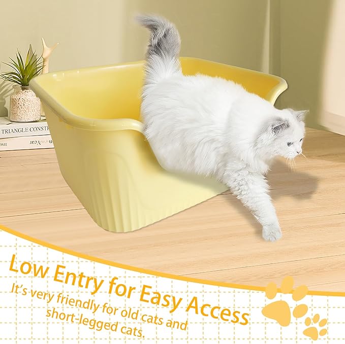 Jumbo Kitty Litter Box with High Sides,Large Cat Litter Pan Low Entry for Senior Cats 21.45 x 16.14 x 10.43 Inches Anti Splashing Easy Clean for Small Medium Cat(Yellow)