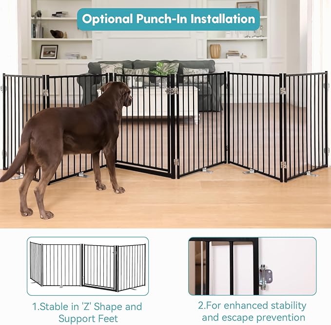 No Pawblems Free Standing Dog Gate with Door, 30'' Tall Foldable Dog Fence for Indoor & Outdoor, Up to 208 Inch Extra Wide Puppy Gate for Stairs, Hallways, Doorways, Deck, Yard (Black, 8 Panels)