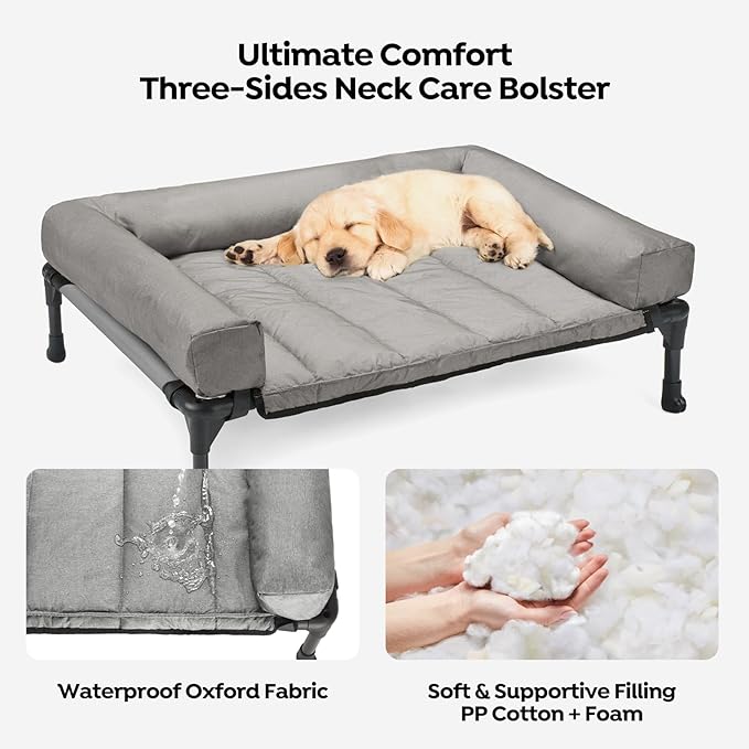 Veehoo Cooling Elevated Dog Bed Add Removable Waterproof Bolster Cushion Mat, Raised Pet Cot with Breathable Teslin Mesh, No-Slip Feet, Dog Couch Bed for Indoor Outdoor, 42x30inches, Grey, CWC2331B