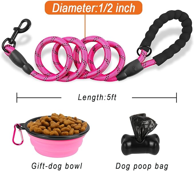 BARKBAY Dog Leashes for Large Dogs Heavy Duty Dog Leash 4/5/6 FT with Comfortable Padded Handle and Highly Reflective Threads for Medium Large Dogs Walking Training Running (5FT-1/2'',Fushcia)