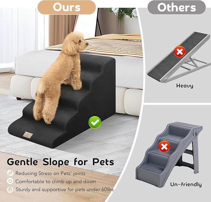 Mestuel Dog Stairs for High Bed, 22.8in Large Foam Pet Stairs to High Bed, 5 Steps Dog Stairs Ramp Indoor with Non-Slip Bottom, Pet Stairs for Large Small Medium Dogs, Black