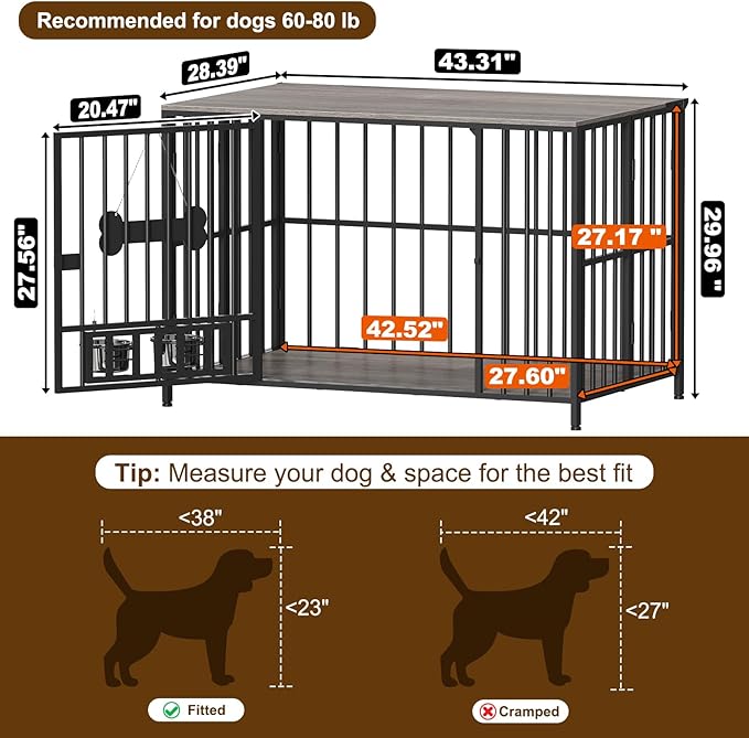 Easycom 43" Dog Crate Furniture Foldable, No Assembly Decorative Dog Kennel Indoor, XL Dog Crates for Large Dogs (60-80 lbs), Wooden Dog Cage with Adjustable Bowls and Name Tag, Oak Grey