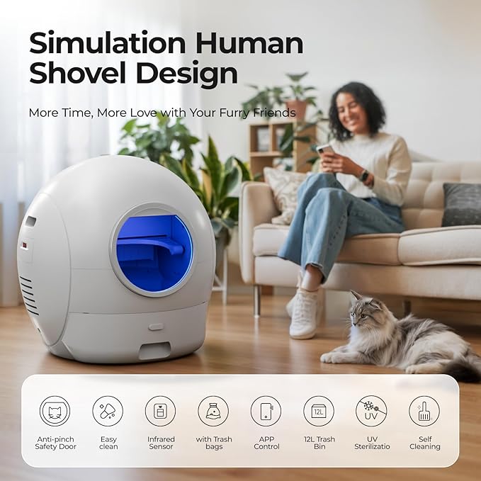 Upgraded Self Cleaning Litter Box, KungFuPet S2 Automatic Cat Litter Box Self Cleaning for Multi Cats, Large Automatic Litter with Safety Protection, Odor Removal, Smart APP Control Robot Litter White