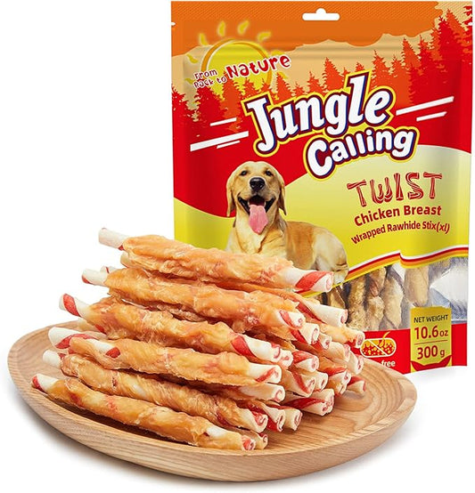 Jungle Calling Dog Treats, Natural Chicken Wrapped Rawhide Sticks, Grain-Free Training Rewards Chews for Small and Medium Puppy,10.6oz