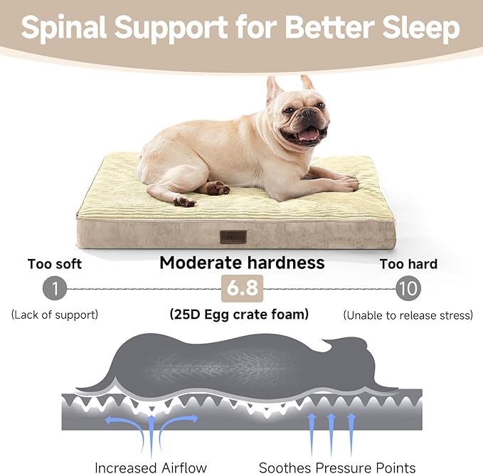 OhGeni Orthopedic Waterproof & Machine Washable Dog Bed for Small Medium Pets, Suitable for Crates, Cat Mat with 25D Egg Crate Foam, Removable Cover, 30 Inches(Khaki)