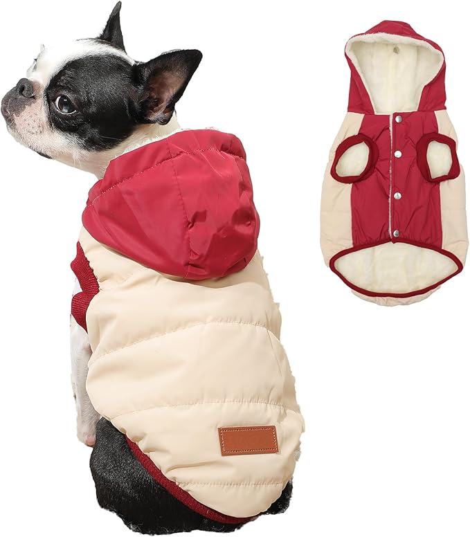 Fleece Lining Extra Warm Dog Hoodie in Winter for Medium Dogs Jacket Pet Coats with Hooded,Beige and Red L