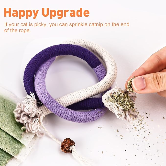 3 PCS Cat Toys Chew Ropes, 27.56 Inches Cat Chew Rope Toy for Teeth Cleaning, Safe Catnip Toys for Cats Rope Chew Toy (3 Bags of Catnip Included)