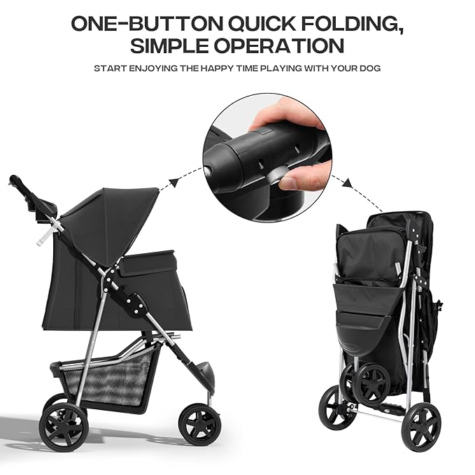 Cat Dog Stroller,3-Wheels Pet Stroller for Medium/Puppy Dogs 30 Lbs, Cat Strollers for 1 Cats, Foldable Dog Stroller with Storage Basket and Cup Holder, Breathable Mesh Black