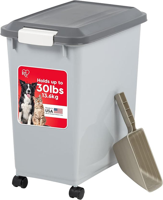IRIS USA Dog Food Storage Container with Wheels, Airtight Lid, 2-Cup Scoop, Up to 30 Pounds Pet Food Storage, Built in Scoop Storage in Lid, Versatile Pet Food Bin, Portable, BPA Free, Gray/Dark Gray