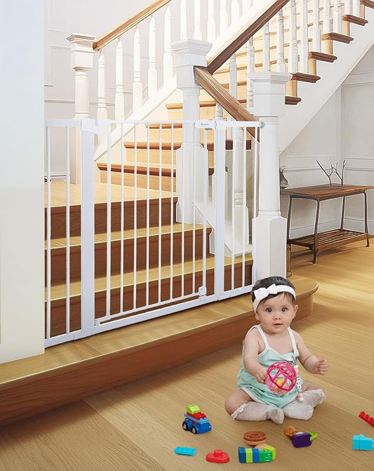 COMOMY 36" Extra Tall Baby Gate for Stairs Doorways, Fits Openings 29.5" to 46" Wide, Auto Close Extra Wide Dog Gate for House, Pressure Mounted Easy Walk Through Pet Gate with Door, White