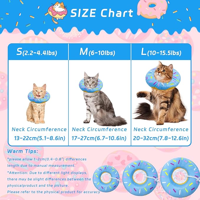 Cat Cone Collar Soft, Adjustable Cat Recovery Collar Spay Cones to Stop Licking, Cute Donut E Collar After Surgery, Anti-Lick Wound Healing Elizabethan Collars for Kittens(Donut Blue, Small)