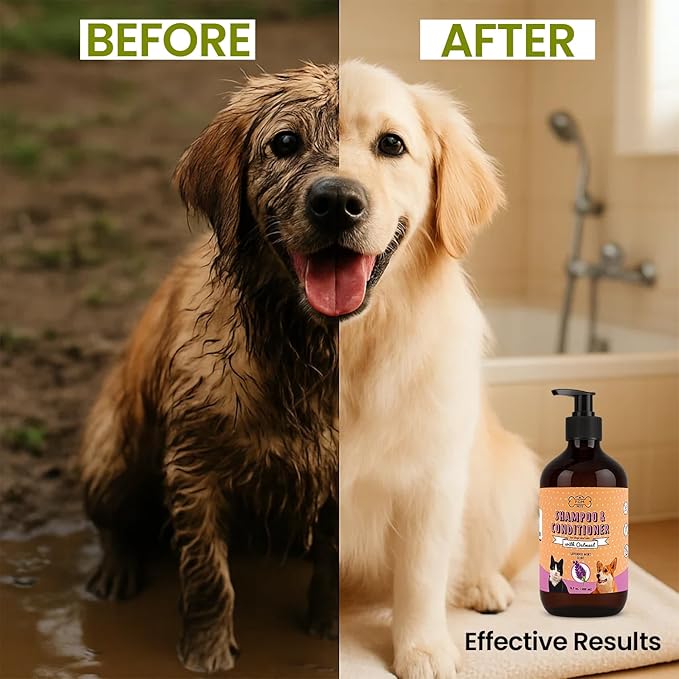 POM Pets 2-in-1 Organic Dog Shampoo & Conditioner – Itchy Skin Relief, Dog Deshedding, Detangles Fur, Cat Shampoo, Paw Cleaner for Dogs, Natural Coat Defense Formula