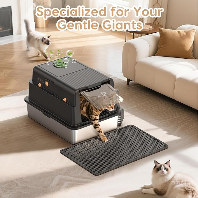 L8 Max-XXXL Stainless Steel Litter Box with Lid, 28" L x 20.5" W x 17.4" H Large Cat Litter Box for Big Cats, Cat Litter Deodorizer Included, High Sided Enclosure with Scoop & Mat, Anti-Leakage-Black