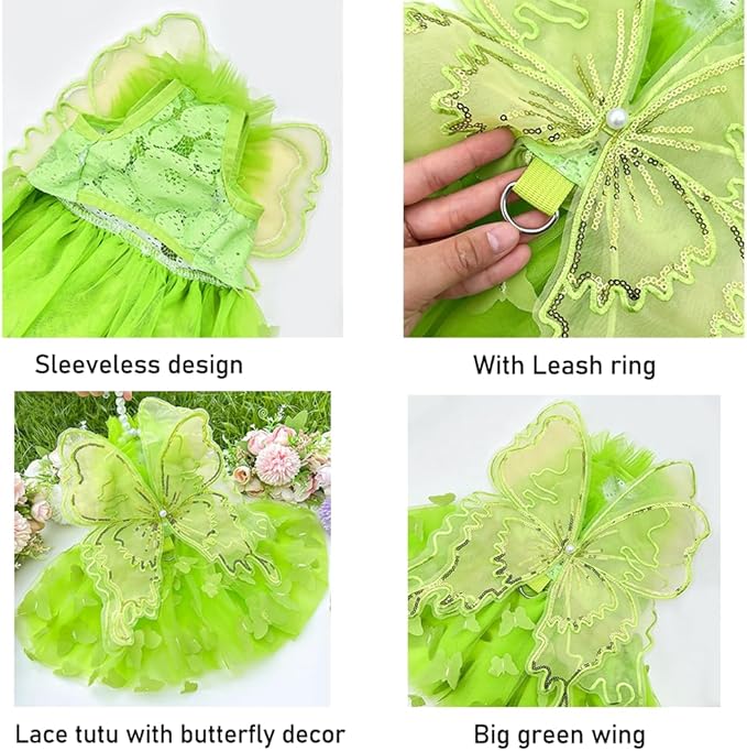 Rainbow Butterfly Dog Dresses for Small Dog Girl Puppy Lace Tutu Princess Dress Cat Outfit Pet Butterfly Costume for Kitten Chihuahua Yorkie Pomeranian (Green, Medium)