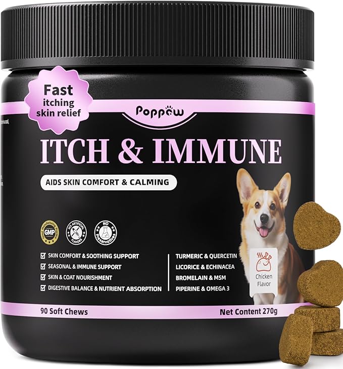 Dog Allergy Relief Chews, Itch Relief for Dogs – Turmeric & Omega-3 Supplements for Skin Comfort, Coat Health & Seasonal Support, Immune Care with Biotin & Quercetin – Chicken Flavor, 90 Count