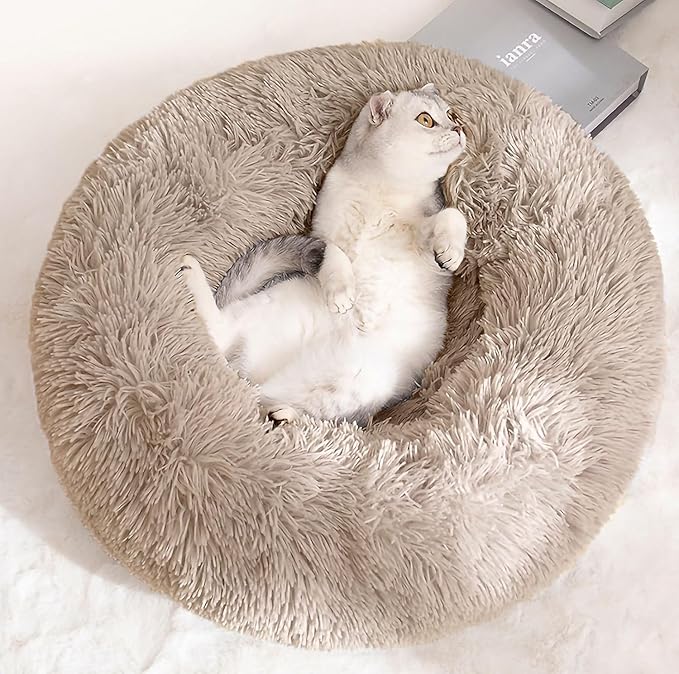 Cat Bed for Indoor Cats and Small Medium Dogs - Washable 20/24 Inches, Round Fluffy Plush Faux Fur, Anti-Anxiety, Thick Bottom (Light Brown, Medium)