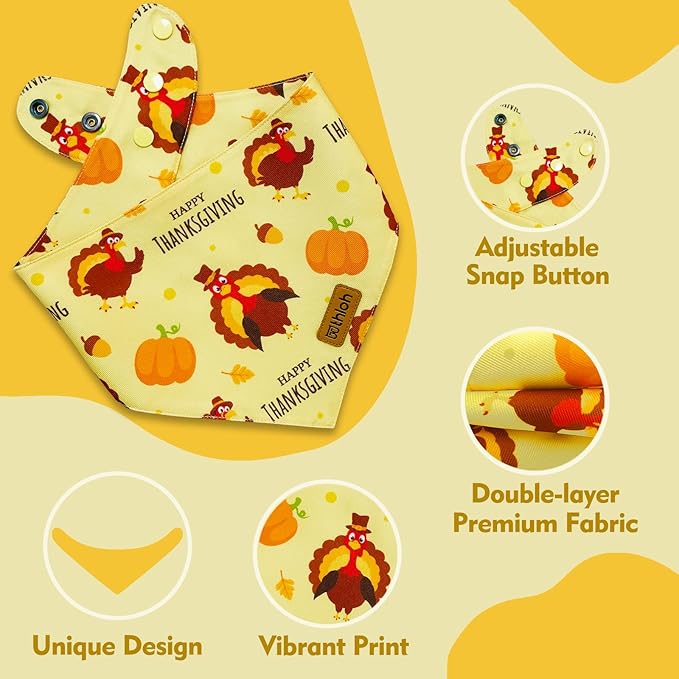 Thanksgiving Dog Bandanas with Snap Button, 2 Pack Adjustable Fall Bandanas for Small, Medium, and Large Dogs, Pumpkin Pet Scarf for Autumn Costume Accessory & Photo Shoot (Large)