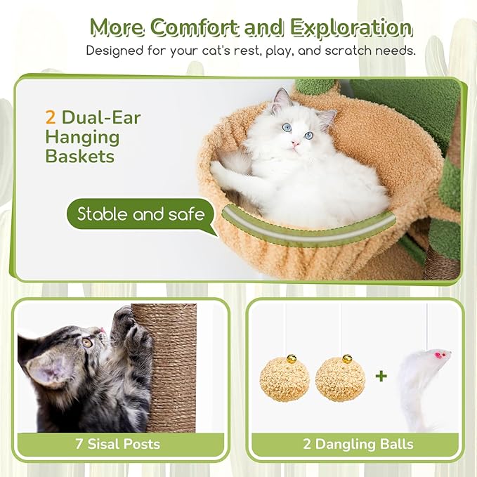 Globlazer Cactus Heavy Duty Cat Tree, 74in Tall Sturdy Cat Tower for Large Cats Adult Big Cat Tree with 7 Scratching Posts, 2 Padded Spacious Condos, 2 Hanging Baskets, Enlarged Top Perch, S74, Green