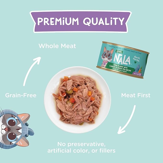 LOVE, NALA - Natural Adult Cat Wet Food - FLAKED Tuna with Carrot & Green Pea in Broth - Grain Free, Non-GMO, Lean Protein, Added Minerals & Vitamins - 12 Pack, 2.4 lbs.