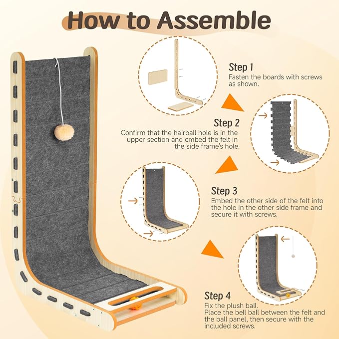 L Shaped Cat Scratcher with Ball Toy Felt Standing Cat Scratching Board for Indoor Cats Adults Vertical Scratch Pad Furniture Protector Kitten Toys 26.8 Inch-Grey