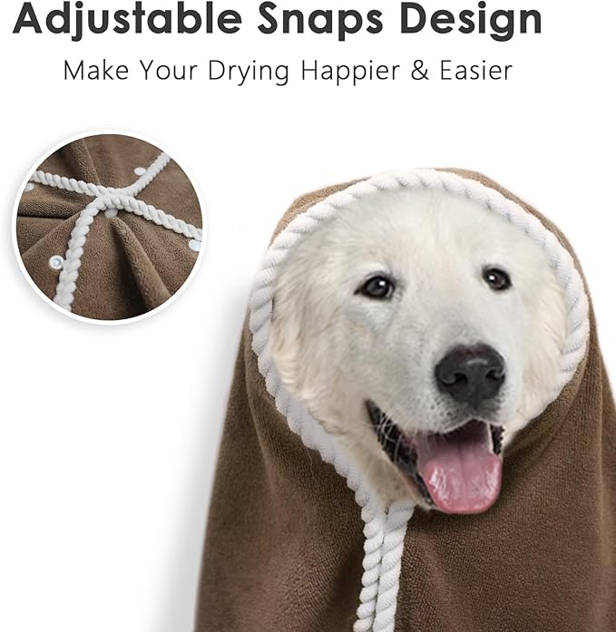 Dog Towel - Absorbent Soft Microfiber Towels for Drying Dogs Extra Large, Large, Medium, Small - Pet Bath, Grooming Towels - Adjustable Snaps (Brown, 56"x28")