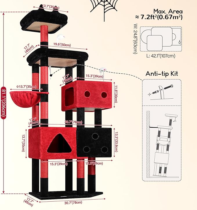 Globlazer Extra Large Gothic Cat Tower, 81-inch Tall Goth Cat Tree for Big Cats 20 lbs, XXL Heavy Duty Cat Scratching Tower for Indoor Adult Cats with 3 Cat Condos, 8 Scratching Posts, F81, Black Red