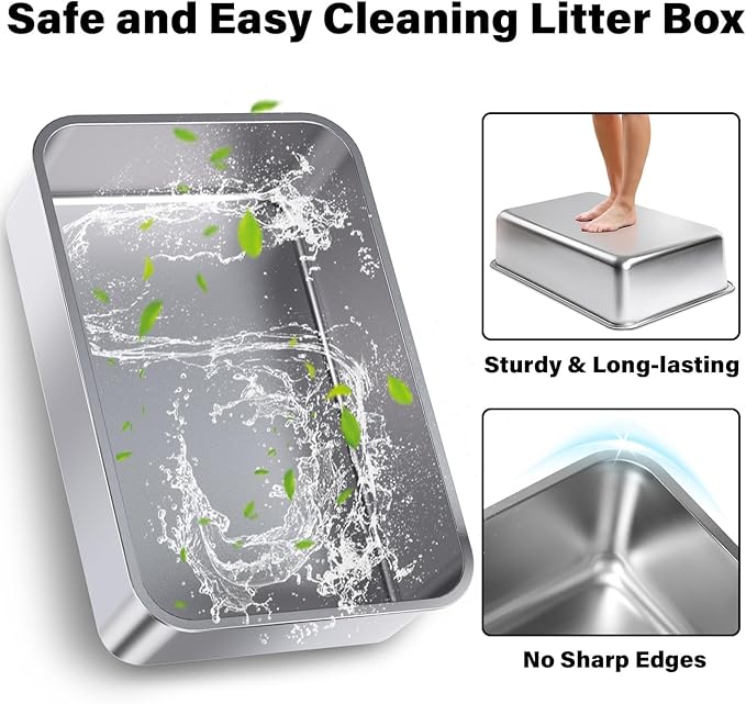Stainless Steel Cat Litter Box, XL Metal Litter Box with Lid, High Sided Extra Large Litterbox for Big Cats, Anti-Urine Leakage, Never Absorbs Odors, Easy Cleaning, Non-Stick, Include Scoop