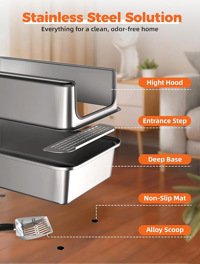 PETNF All Stainless Steel Cat Litter Box, High Sided Large Metal Litter Box - Leak-Proof, Anti-Litter Tracking, Easy Clean for Big Cats, Multi-Cat Households, 24"L x 18"W x 12"H (Silver White, 1 PACK)