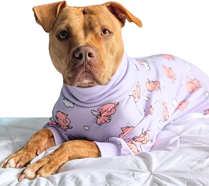 Spark Paws Dog Pajama, Dog Recovery Suit Male, Onesie, Ultra-Soft and 4-Way Stretch, for Small Medium and Large Breeds - When Pigs Fly - Purple - 3XL