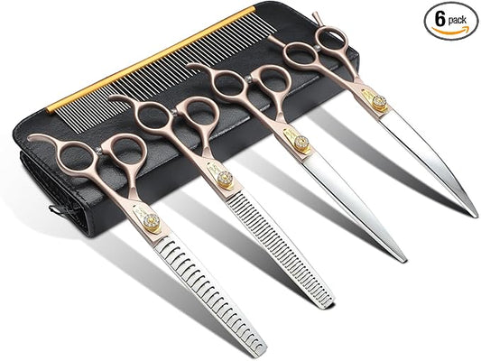 JASON Professional Dog Grooming Scissors Set - 6 in 1 Sharp Shears Set With 7" Thinning, Chunker, Straight, Curved Shears and Comb for Cat Pet, Rosegold
