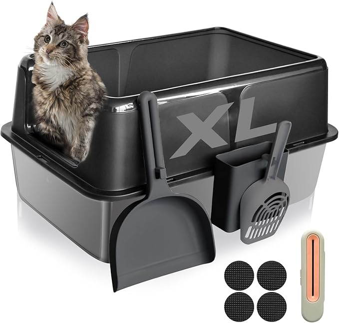 Stainless Steel Litter Box with Lid, 24" XL Extra Large High-Sided Metal Cat Litter Box for Multiple Cats,Anti-Leakage & Non-Stick, Easy to Clean, Includes 2 Scoops&Deodorizer Box, Black