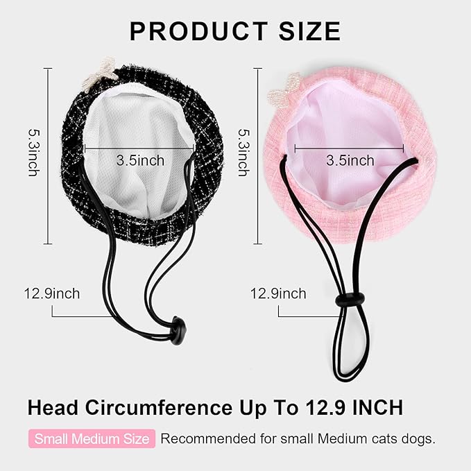 HOWWFALY 2PCS Cat Beret Hat with Pearl Bowtie, Adjustable Bandana Scarf Set Pet Princess Costume for Halloween Christmas, Cat Dog Birthday Party Apparel(Black Pearl)