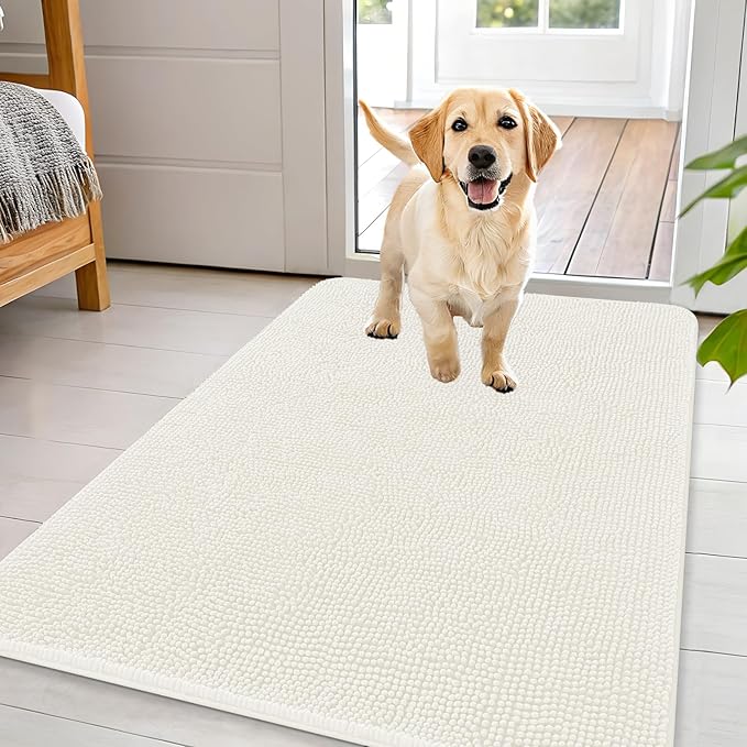 OLANLY Dog Door Mat for Muddy Paws 44x32, Absorbs Moisture and Dirt, Absorbent Non-Slip Washable Doormat, Quick Dry Chenille Mud Mat for Dogs, Entry Indoor Entryway Carpet for Inside Floor, Ivory