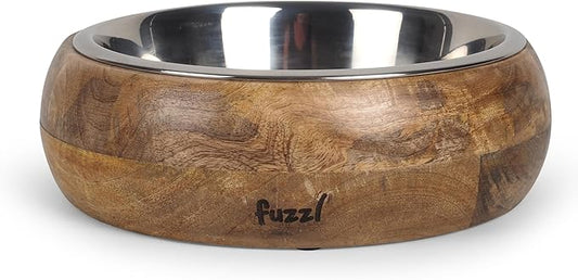 Titan Mango Wood & Stainless Steel Bowl 9.5 Inch Large - Natural Dog Bowl for Indoors and Outdoors with Rubber Base