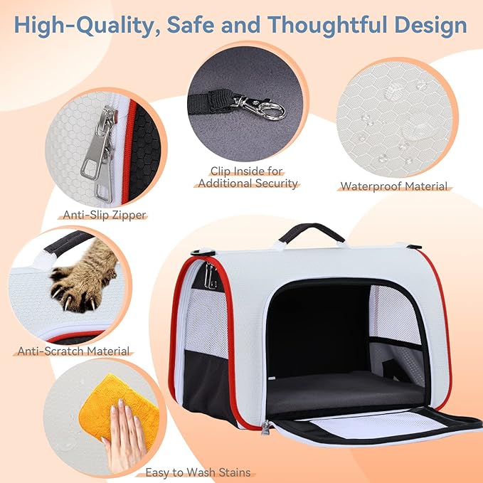 A4Pet Airline Approved Cat Carrier, Suitable for Cats, Puppies Under 18 lbs, Easy On The Go, Easy to Stow, Soft-Sided Cat Travel Carrier, 17" L x 11" W x 11" H, White & Red