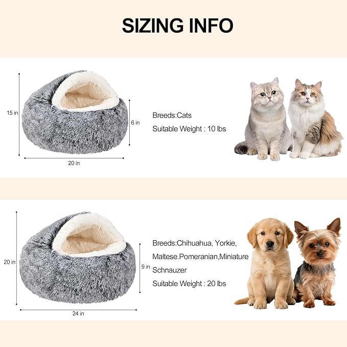 Calming Dog Beds & Cat Cave Bed with Hooded Cover,Removable Washable Round Beds for Small Medium Pets,Anti-Slip Faux Fur Fluffy Coved Bed for Improved Sleep,Fits up to 15/25 lbs(Grey,M)