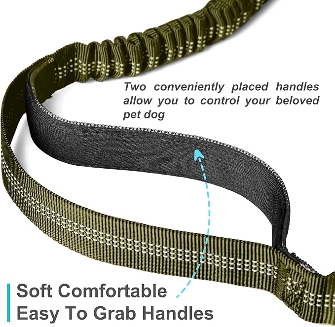 Hands Free Dog Leash, Adjustable Waist Leash for Dog, Handle Bungee 4.2-6.7 Feet Long with Reflective Stitches for Walking Hiking Running, Fits 26"- 47" Waist, Army Green