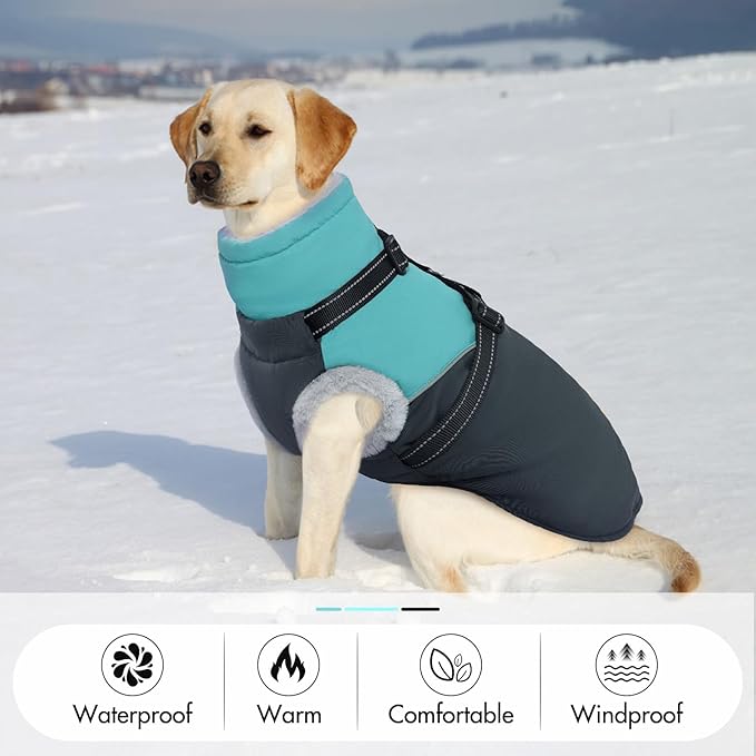 Large Dog Jacket - Built-in Harness, Waterproof & Windproof, Fleece Lined, Perfect for Snow & Winter