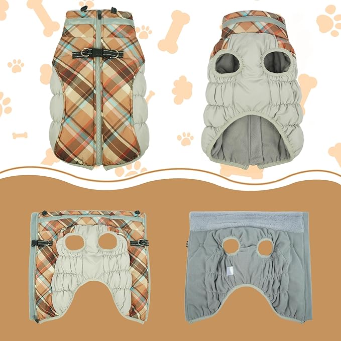 Lelepet Warm Dog Winter Coat Dog Coats for Small Dogs Waterproof Dogs Jacket with Harness Built in Reflective Cold Weather Coats Windproof Zip-Up Winter Fleece Vest Snowsuit Chihuahua Brown Plaid