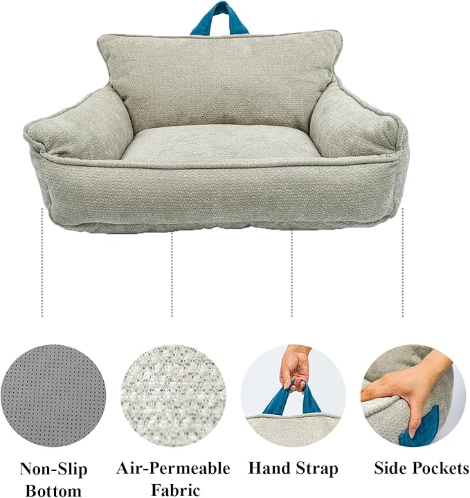 Small Orthopedic Dog Sofa Bed with Sides, Carry Handle & Side Pockets .Plush Chenille Orthopedic Pet Bed Couch for Small Breed Dogs & Cats .Portable Snuggler for Indoor Use, Travel & Recovery