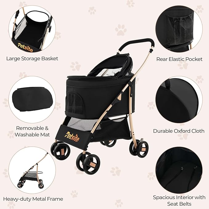 PETSITE 3-in-1 Pet Stroller, Portable Folding Dog Cat Stroller with Removable Car Seat Carrier, Adjustable Canopy, Zippered Mesh Entry and Storage Basket, Ideal for Small or Medium Sized Dogs