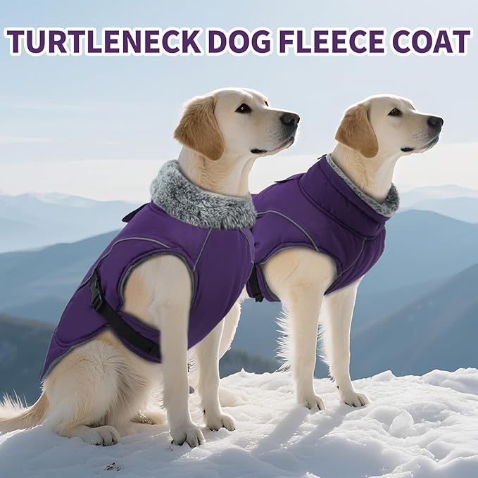 DENTRUN Dog Winter Coat - Windproof Reflective Jacket, Plush Turtleneck & Adjustable Belt, Water Repellent Fleece Lined Cold Weather Vest for Corgi Bulldog, Purple, L