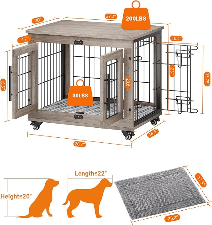 Dog Crate Furniture with Cushion, Wooden Dog Kennel Indoor with Double Doors, Dog Cage with Wheels, Dog House Side End Table for Small Dogs up to 30 lb, 27.2" L, Grey